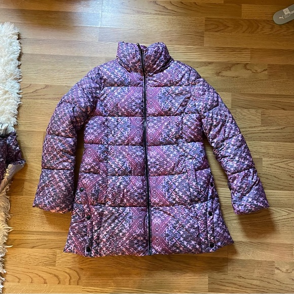 Sam Edelman winter print puffer jacket with removable scarf hood - Picture 2 of 7